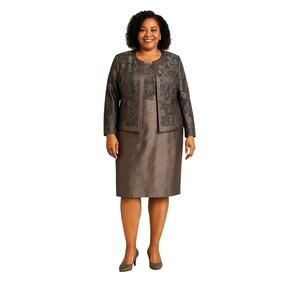 Plus-Size Black/Bronze Two-Piece Midi Dress with Jacquard Jacket